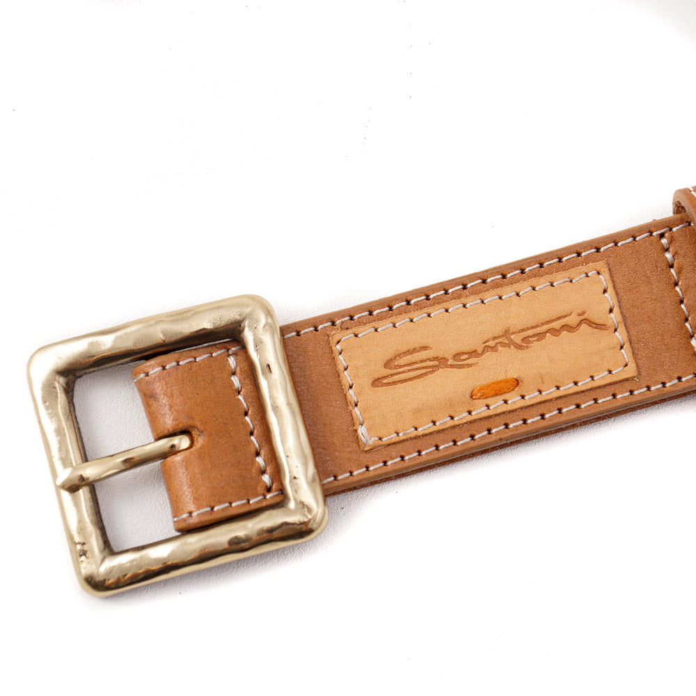 Santoni Natural Tan Leather Belt with Gold Buckle - Image 2